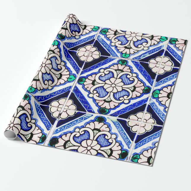 Rustic Azulejo Spanish Pattern Tiles Navy White Wrapping Paper (Unrolled)