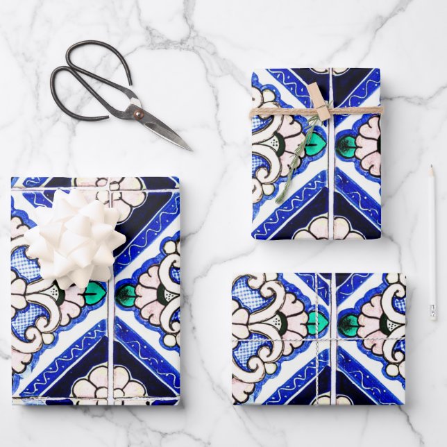 Rustic Azulejo Spanish Pattern Tiles Navy White Wrapping Paper Sheets (Front)