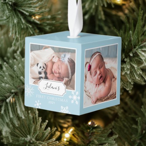 Rustic Baby Blue Photo Collage Snow Cube Ornament