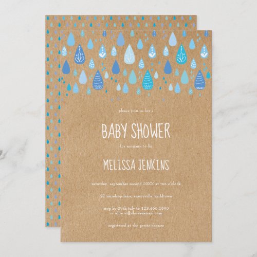 Rustic Baby Blue Raindrops Baby Shower  Sprinkle Invitation