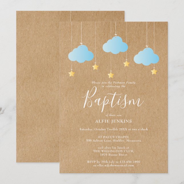 Rustic Baby Boy Baptism Christening Twinkle Stars Invitation (Front/Back)