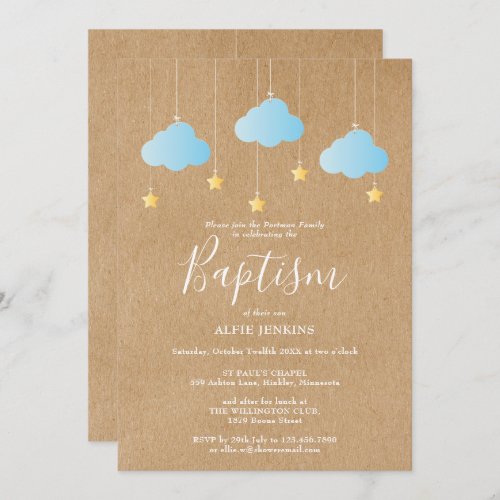 Rustic Baby Boy Baptism Christening Twinkle Stars Invitation