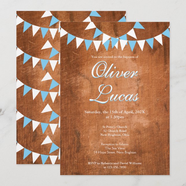 Rustic Baby Boy Blue Bunting Baptism Christening Invitation (Front/Back)