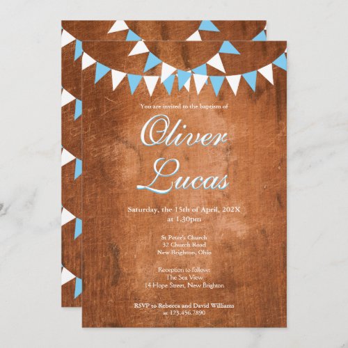 Rustic Baby Boy Blue Bunting Baptism Christening Invitation