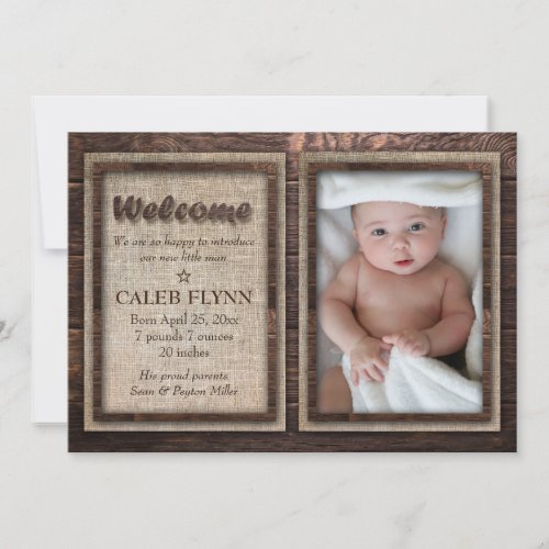 Rustic Baby Boy Custom Photo Birth Announcement