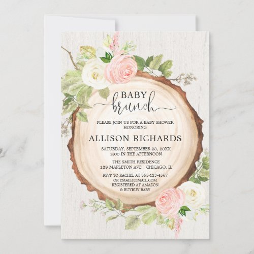 Rustic baby brunch blush pink floral girl shower invitation