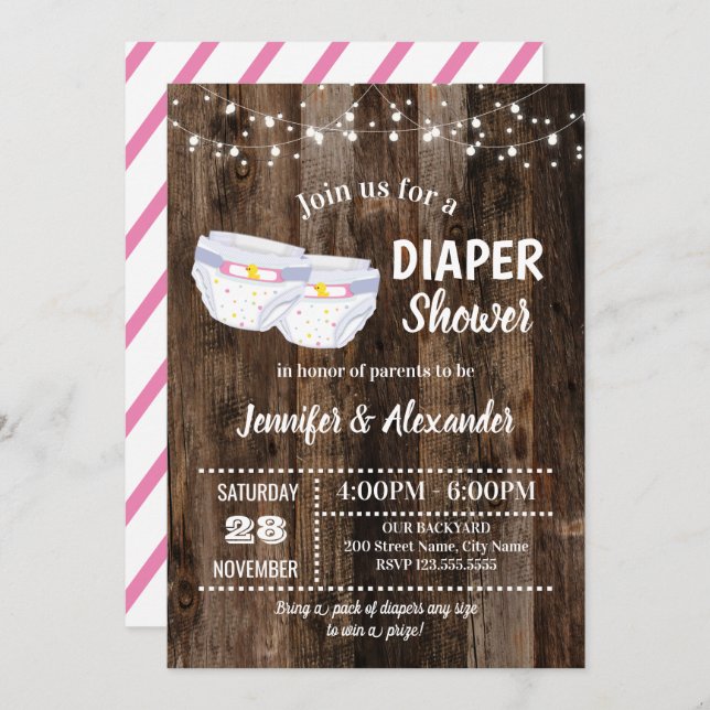 Rustic Baby Diaper Shower Invitation (Front/Back)