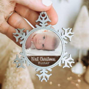 Rustic Baby First Christmas Snowflake Brown Wood Snowflake Pewter Christmas Ornament