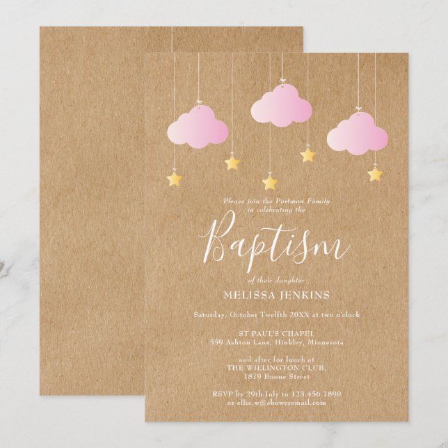 Rustic Baby Girl Baptism Christening Twinkle Stars Invitation (Front/Back)