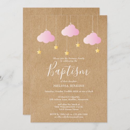 Rustic Baby Girl Baptism Christening Twinkle Stars Invitation