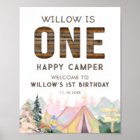 Rustic Baby Girl Pink One Happy Camper Birthday