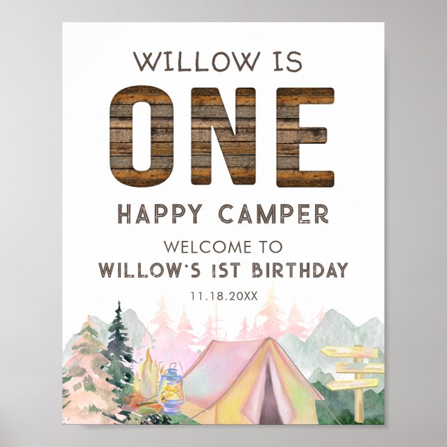 Rustic Baby Girl Pink One Happy Camper Birthday Poster (Front)