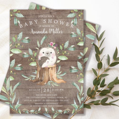 Rustic Baby Hedgehog and Mom Baby Shower Invitation