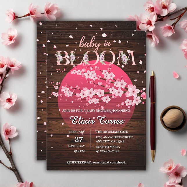 Rustic Baby in Bloom Sakura Cherry Blossom Invitation (Creator Uploaded)