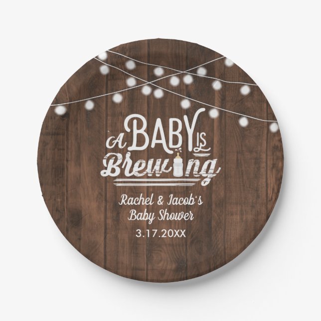 Rustic Baby is Brewing Baby Shower Paper Plates (Front)