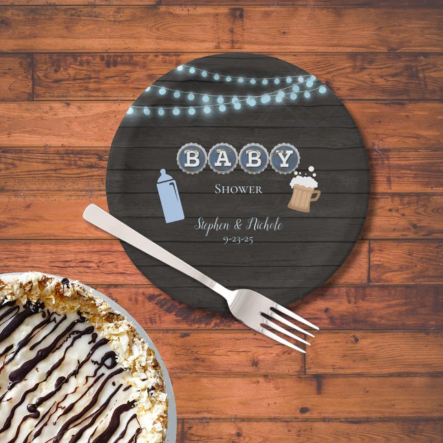 Rustic Baby Is Brewing Blue Baby Shower Paper Plates (Creator Uploaded)