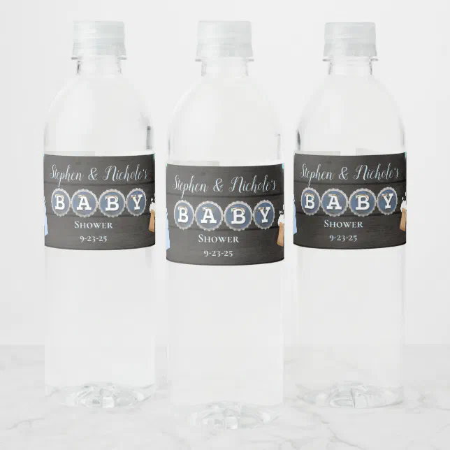 Rustic Baby Is Brewing Blue Baby Shower Water Bottle Label | Zazzle