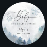 Rustic Baby It's Cold Outside Blue Baby Shower Classic Round Sticker<br><div class="desc">Rustic baby shower favor sticker featuring watercolor illustration of a snowy mountain with pine tree forest and blue snowflakes. The text says "baby it's cold outside."</div>