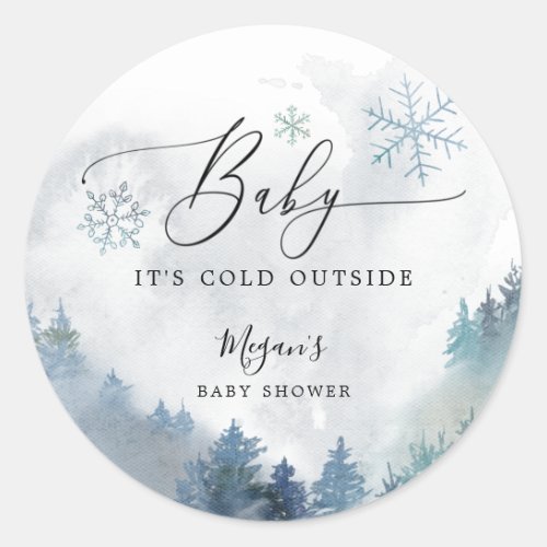 Rustic Baby Its Cold Outside Blue Baby Shower Classic Round Sticker