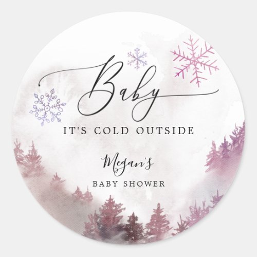 Rustic Baby Its Cold Outside Pink Baby Shower Classic Round Sticker