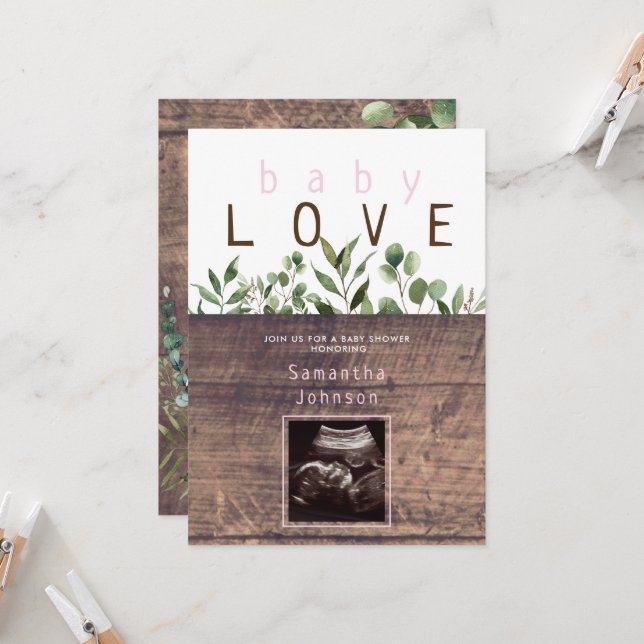 Rustic Baby Love Wood Ultrasound Baby Shower Pink Invitation (Front/Back In Situ)