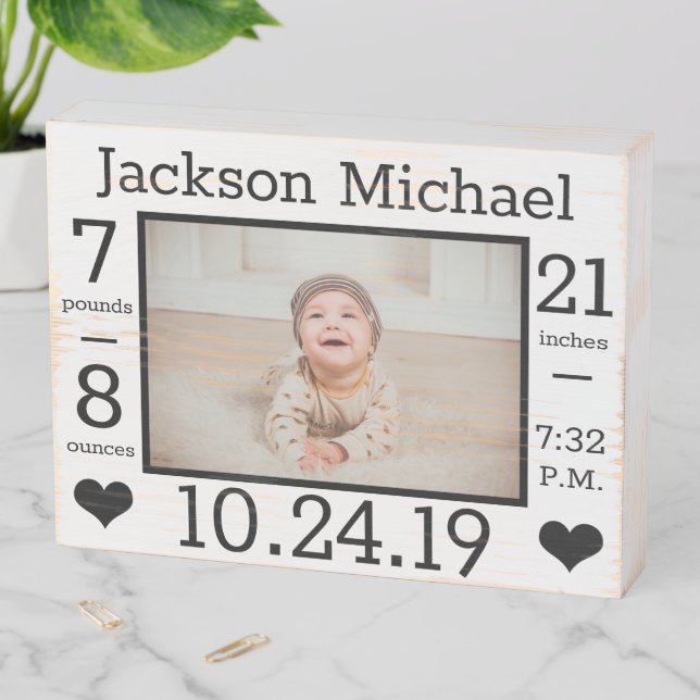 Rustic Baby Photo & Birth Details Wooden Box Sign (In Situ Horizontal)