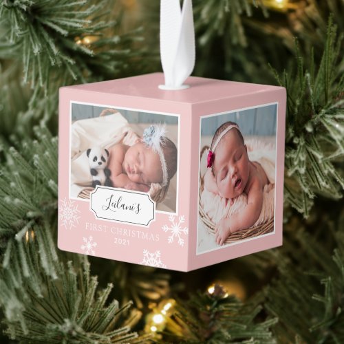 Rustic Baby Pink Photo Collage Snow Cube Ornament