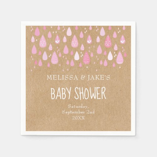 Rustic baby pink raindrops couples baby shower napkins