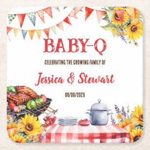 Rustic BABY-Q Barbecue Picnic Sunflower Plaid Square Paper Coaster
