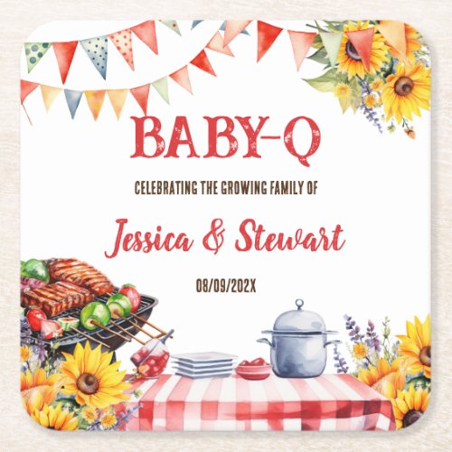 Rustic BABY_Q Barbecue Picnic Sunflower Plaid Square Paper Coaster