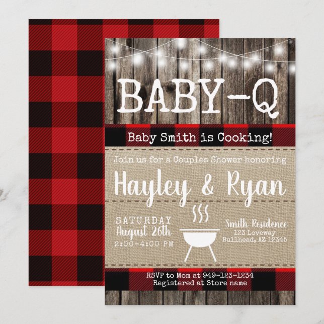Rustic Baby-Q BBQ Buffalo Plaid Couples Shower Invitation (Front/Back)