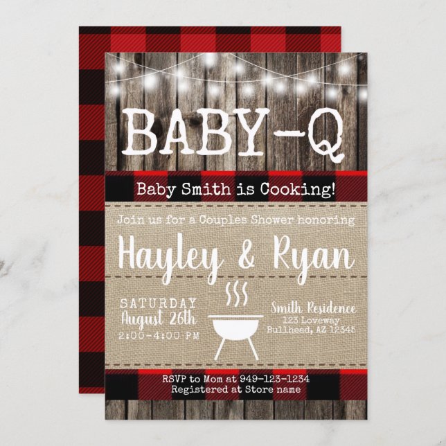 Rustic Baby-Q BBQ Buffalo Plaid Couples Shower Invitation (Front/Back)