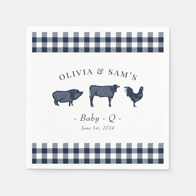 Rustic "Baby-Q" Blue Plaid BBQ Napkins (Front)