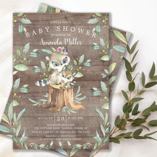 Rustic Baby Raccoon and Mom Woodland Baby Shower Invitation