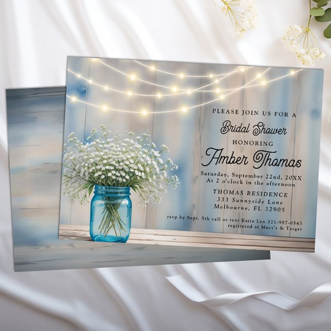 Rustic Baby’s Breath Mason Jar Bridal Shower  Invitation (Bridal Shower Invitation)