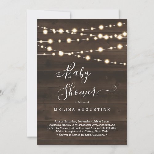 Rustic Baby Shower Invitation - String lights on a rustic wood background complemented by beautiful calligraphy.