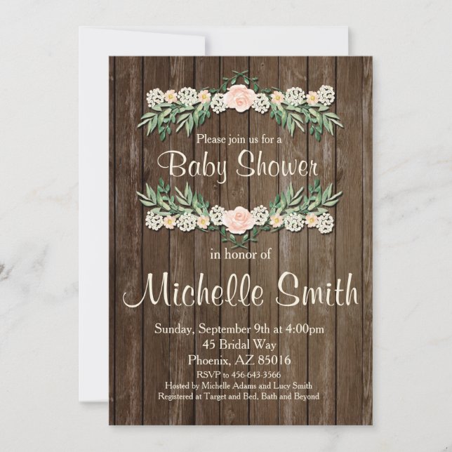 Rustic Baby Shower Invitation, Rose, Floral Invitation (Front)