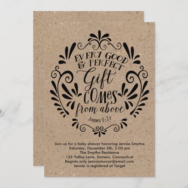 Rustic Baby Shower Invitation, Typography on Kraft Invitation (Front/Back)