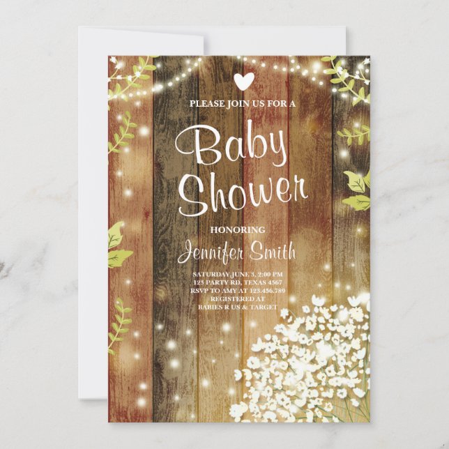 Rustic Baby shower invite Baby's breath Lights (Front)