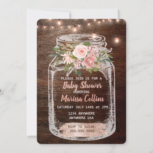 Rustic Baby Shower Mason Jar Lights Boho Floral Invitation
