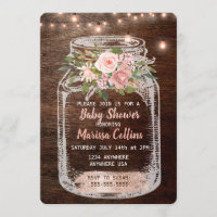 Rustic Baby Shower, Mason Jar Lights Boho Floral Invitation