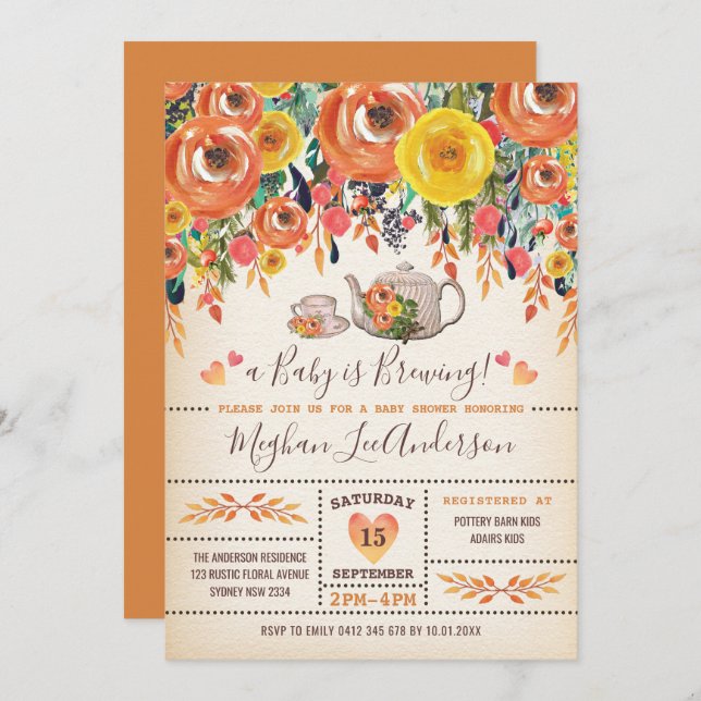 Rustic Baby Shower Tea Party Autumn Fall Flowers Invitation (Front/Back)