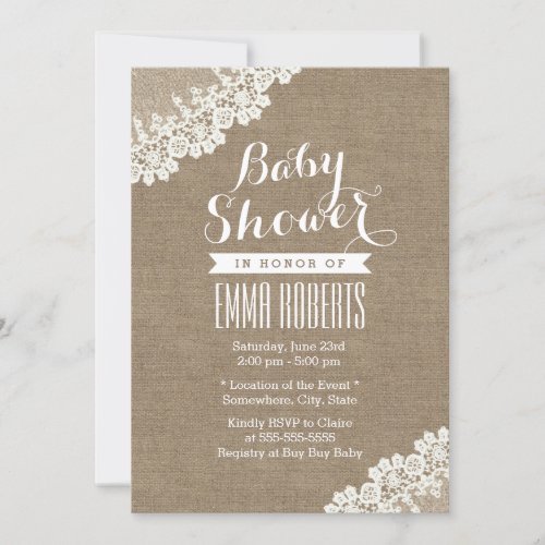 Rustic Baby Shower Vintage White Lace Burlap Invitation