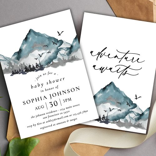 Rustic Baby Shower Watercolor Mountain Woodland Invitation