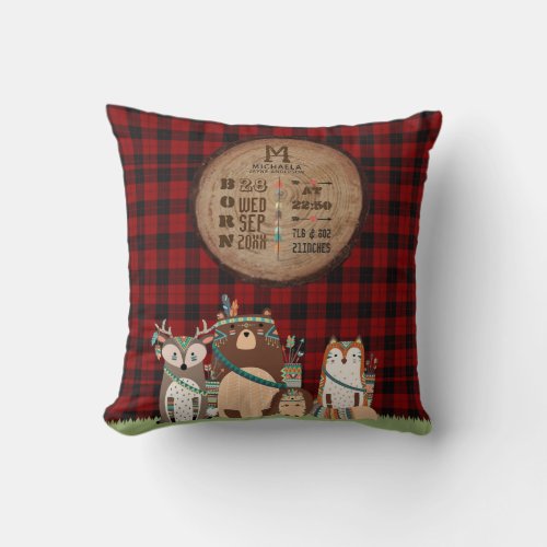 Rustic BABY STATS Lumberjack Woodland Animals Throw Pillow