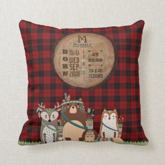 Rustic BABY STATS Lumberjack Woodland Animals Throw Pillow