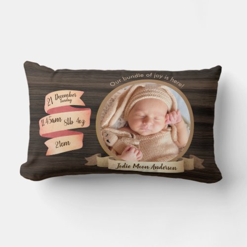 Rustic Baby Stats Photo Keepsake Birth Details Lumbar Pillow