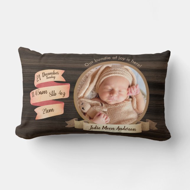 Rustic Baby Stats Photo Keepsake Birth Details Lumbar Pillow (Front)