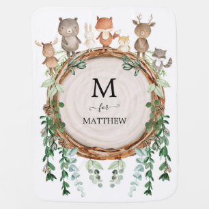 Rustic Baby Woodland Animals Leafy Wreath Monogram Baby Blanket