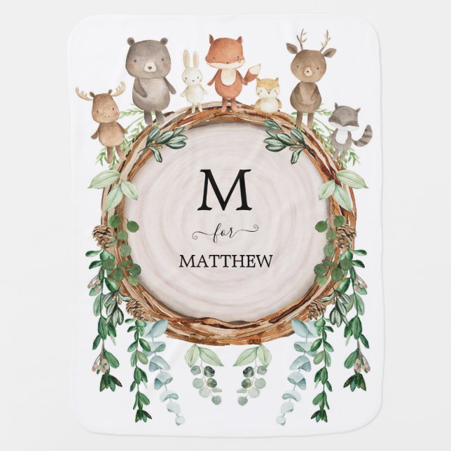Rustic Baby Woodland Animals Leafy Wreath Monogram Blanket (Front)
